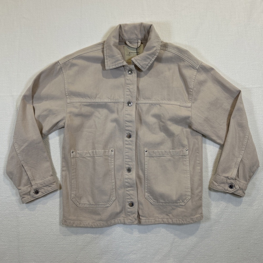 Stradivarius Women Overshirt Jacket Beige Button XS 100% Cotton